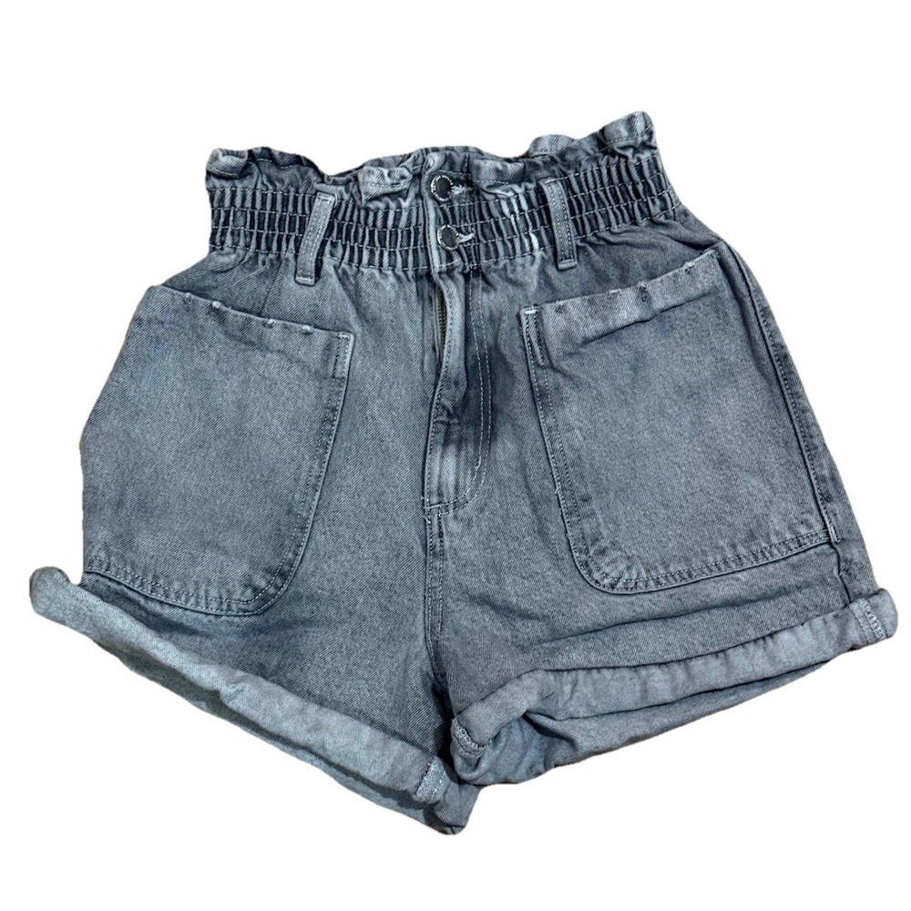 Ardene Paper Bag Shorts High Rise Belted Gray Denim Rolled Hem XS